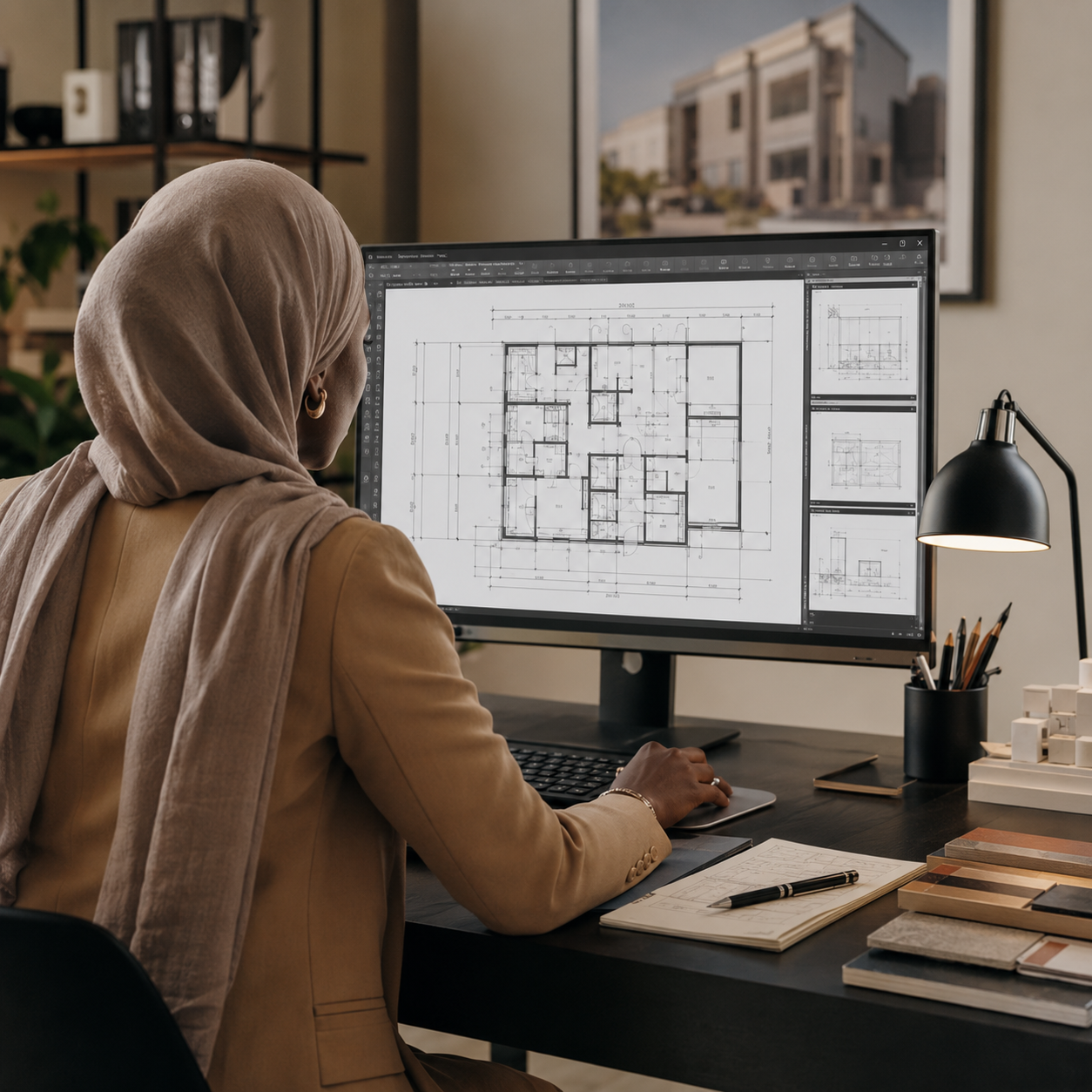 Sudanese woman architect reviewing residential and commercial plans on a professional CAD workstation