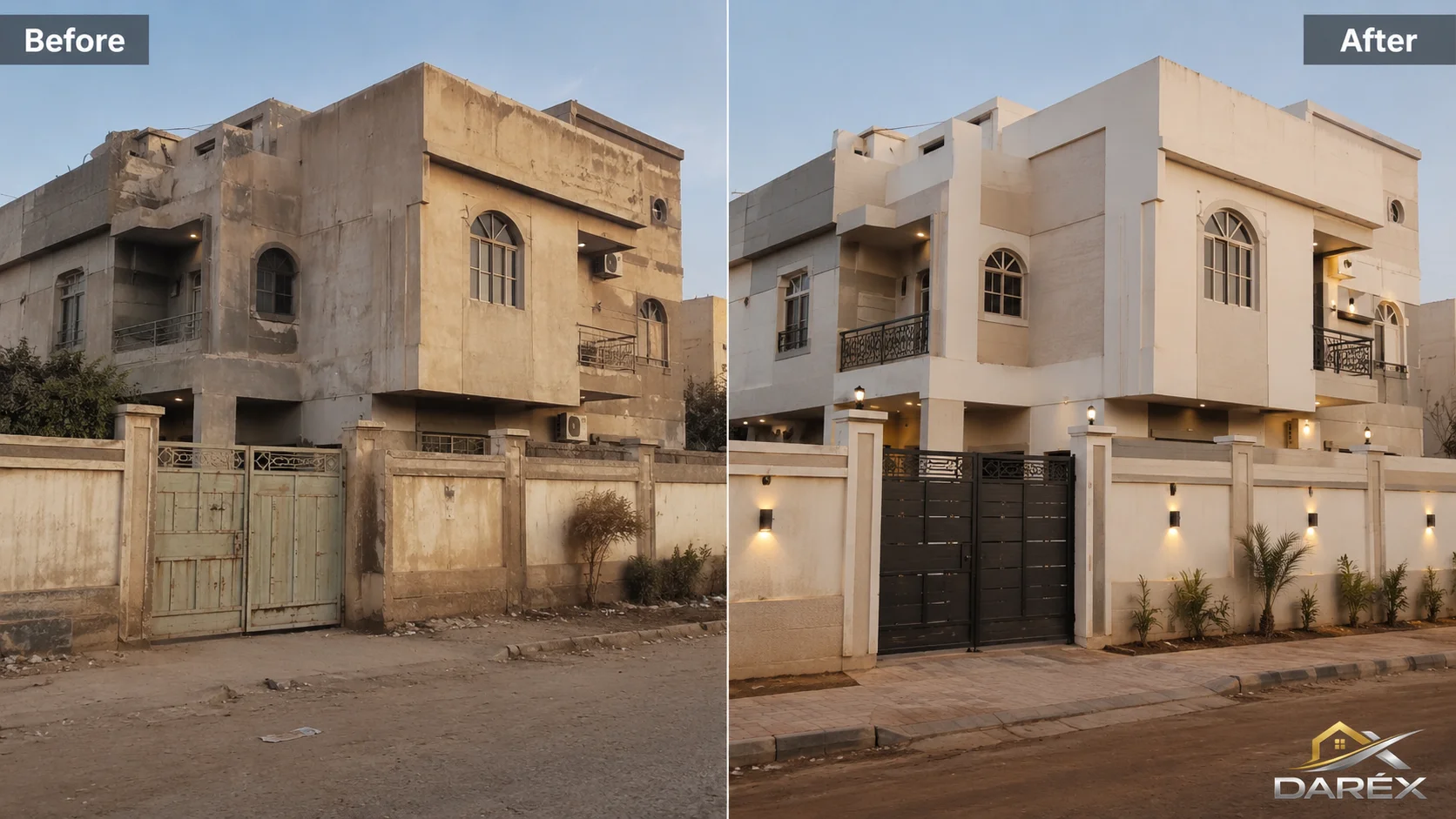 Before-and-after exterior renovation concept for a property in Sudan
