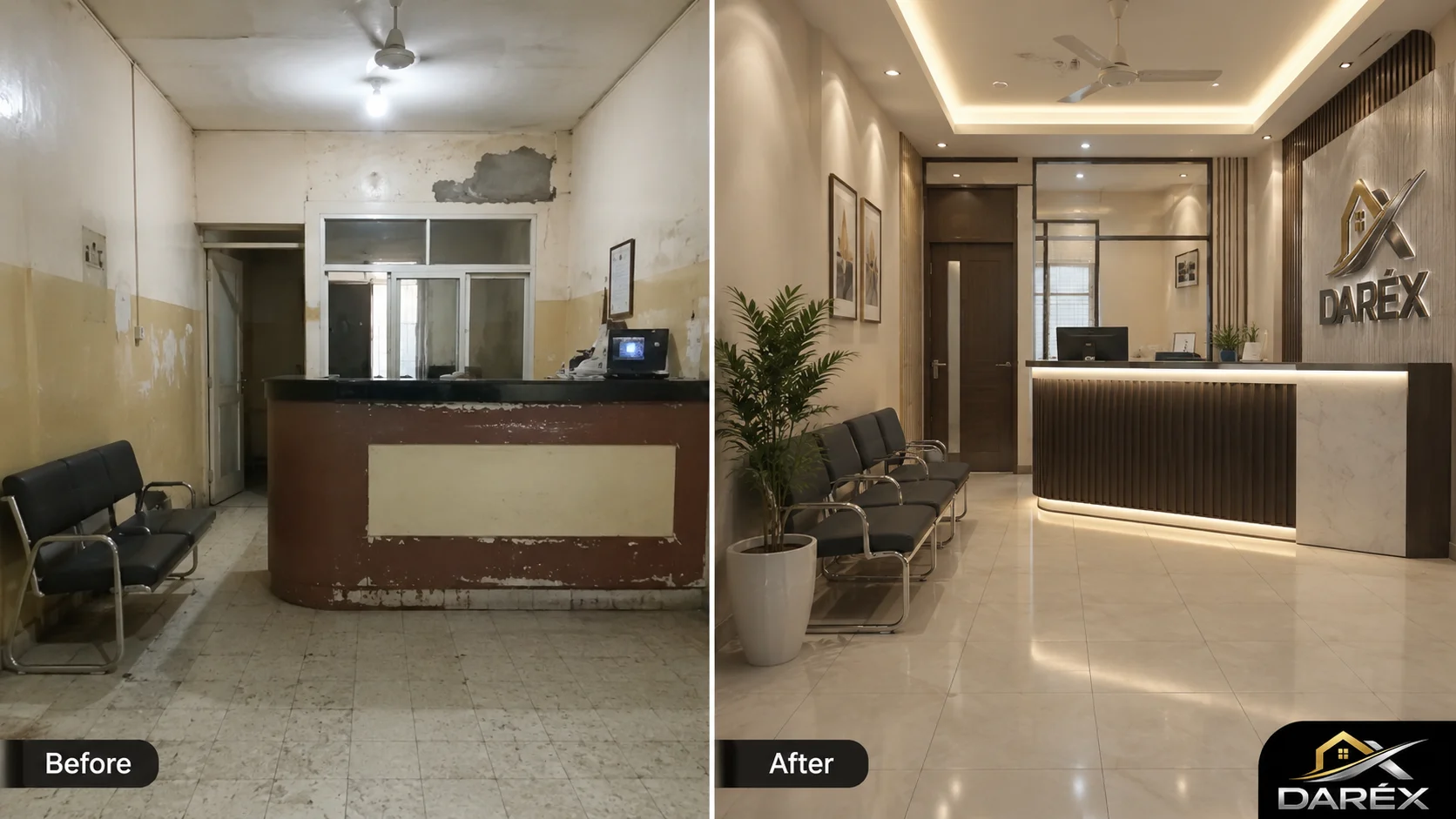 Before-and-after concept showing a modern corporate reception area and waiting lounge