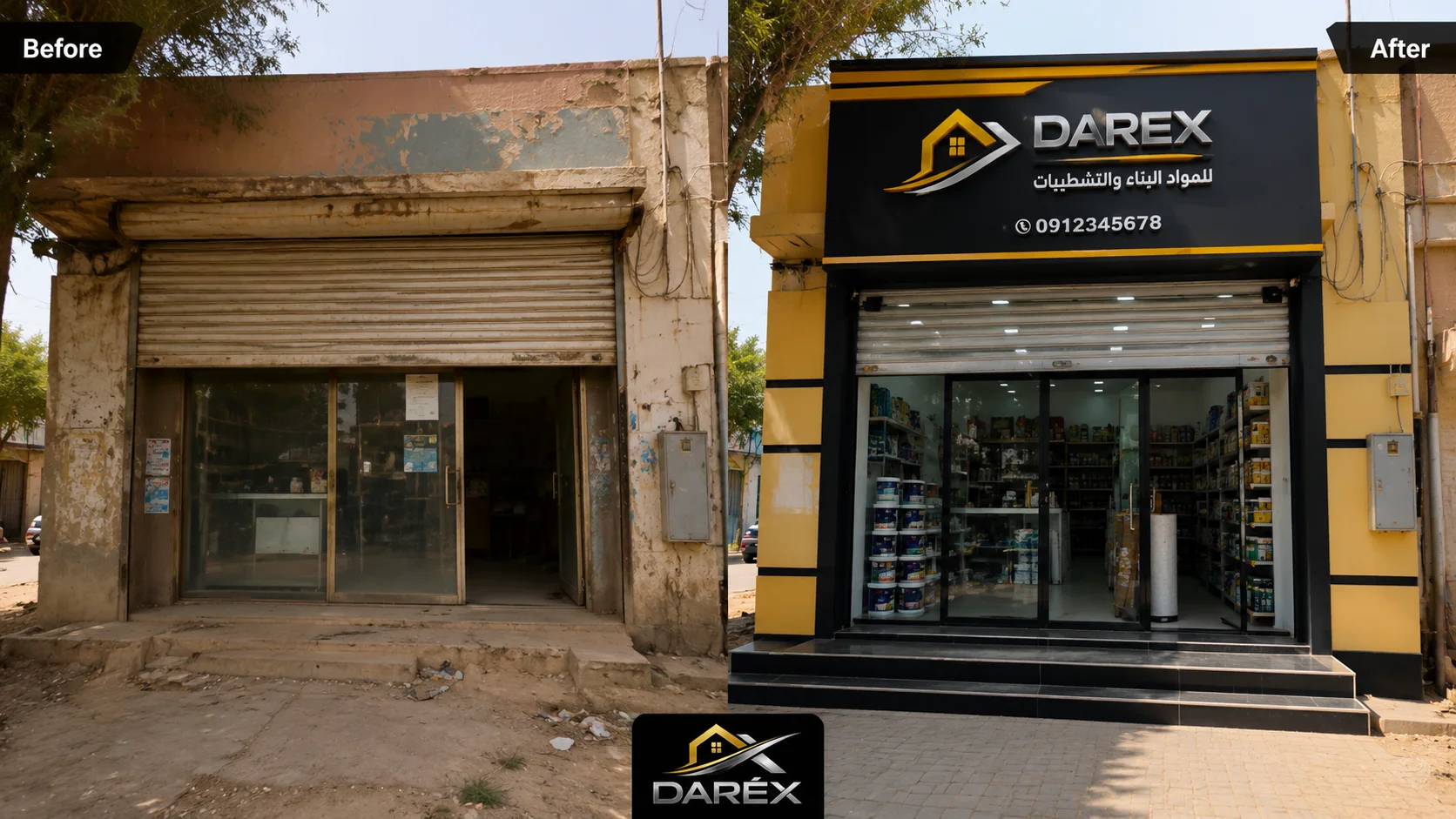Before-and-after concept showing a commercial retail store front renovation with DAREX branding