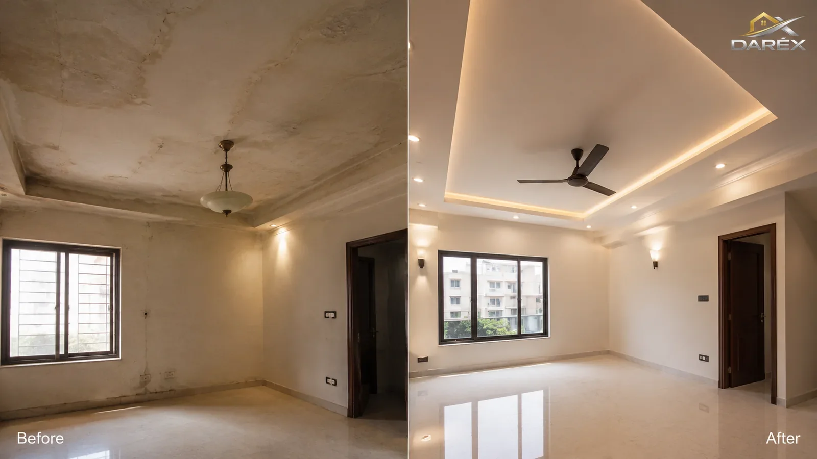 Before-and-after concept showing suspended gypsum ceiling with LED strip in a living room