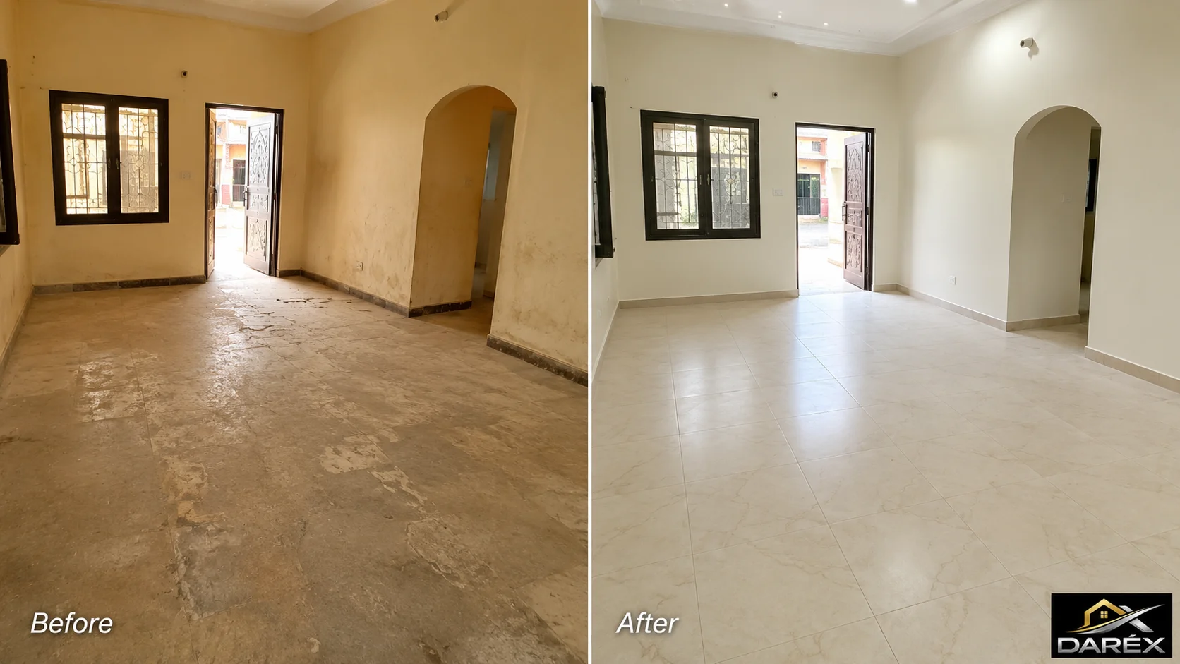 Before-and-after concept showing room flooring tiles and wall paint renovation