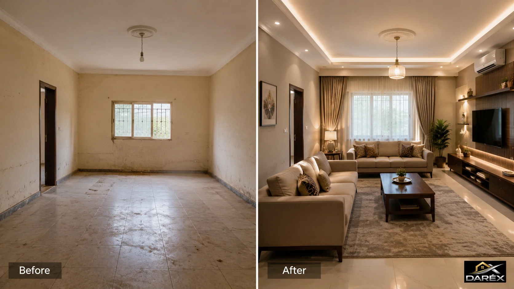 Before-and-after concept showing a fully furnished modern living space