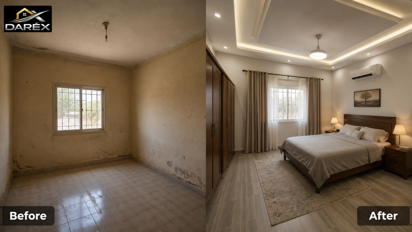 Before-and-after concept showing a cozy master bedroom with modern furniture and lighting