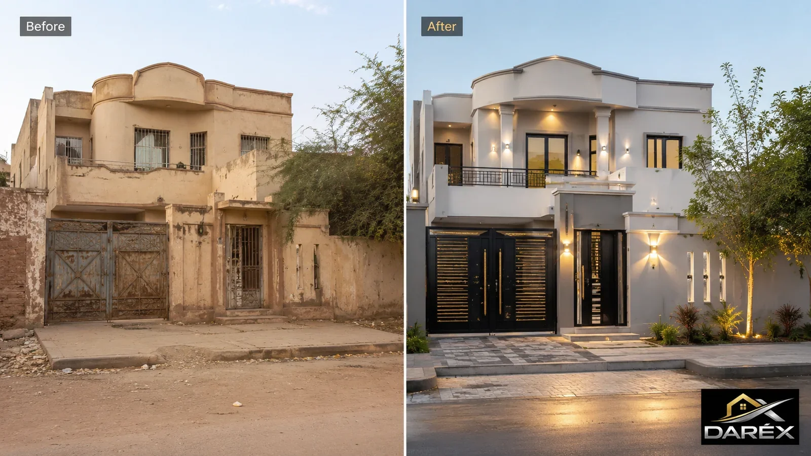 Before-and-after concept showing the renovation of a residential building exterior in Sudan