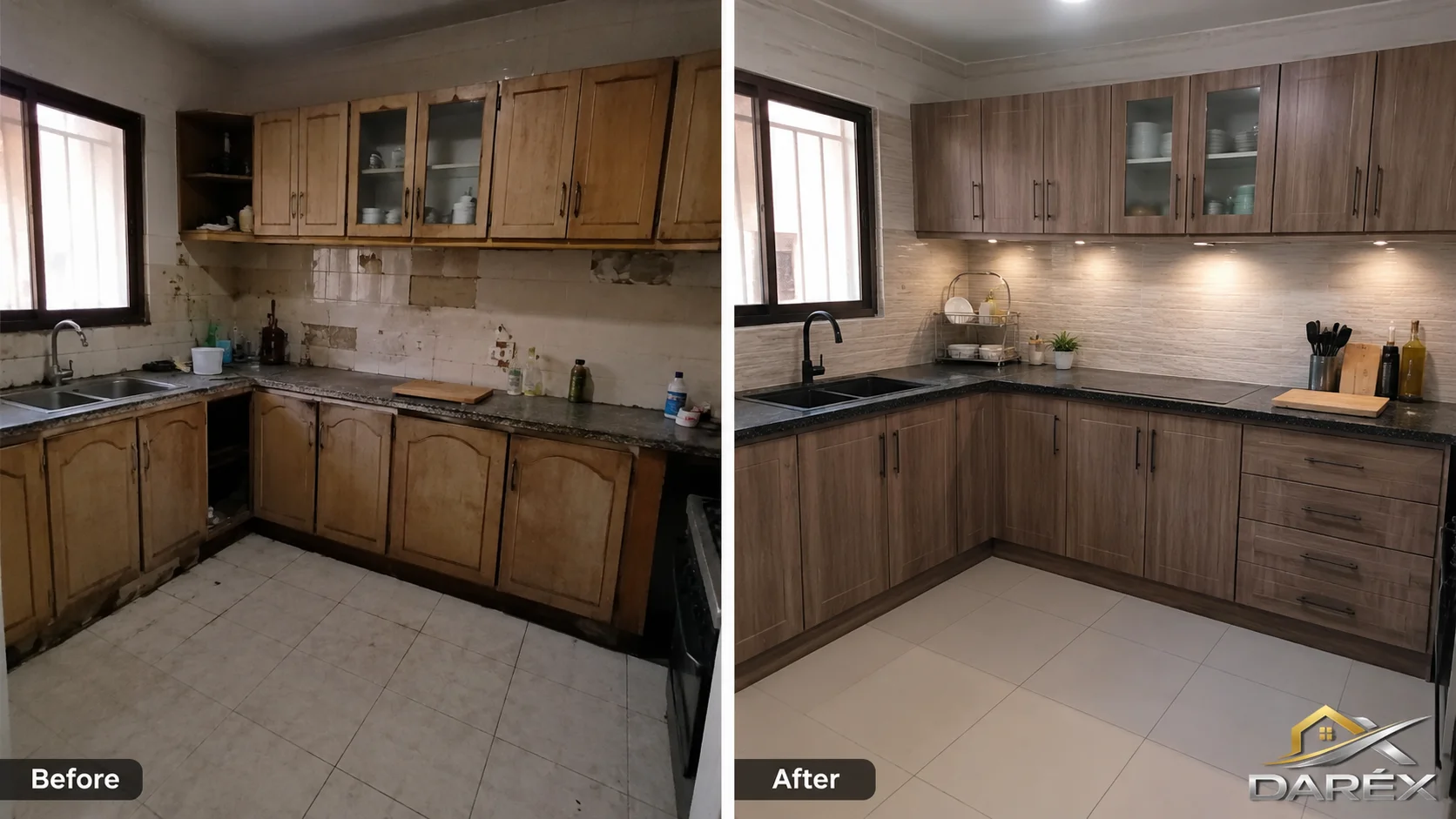 Before-and-after concept showing a modern kitchen with wood-laminate cabinets